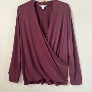 Nine West Asymmetrical Wrap Plunge V Neck Long Sleeve Burgundy Blouse SZ 1X